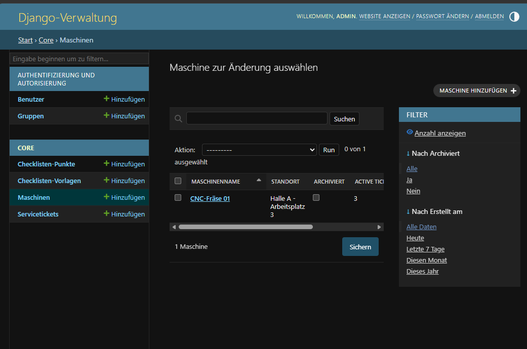 Machine list Django Admin